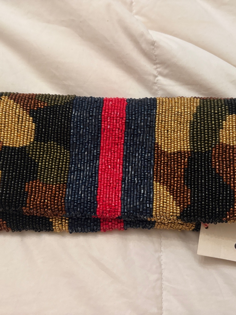 Beaded Camouflage Print Clutch with Red Stripe Tianany. New Tiana NY